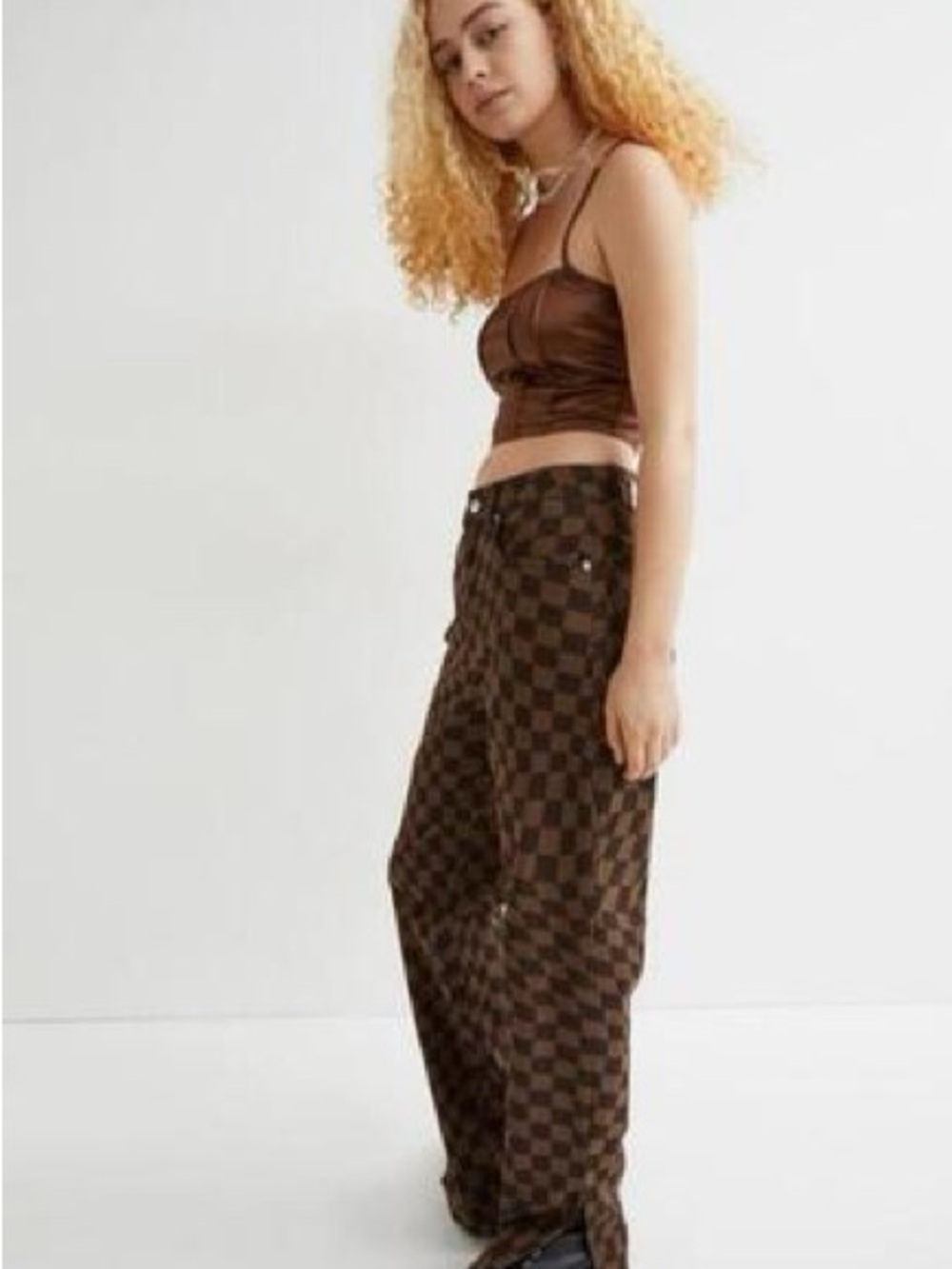 H&M Divided Brown Checkerboard High-Rise Trousers Jeans Size 6